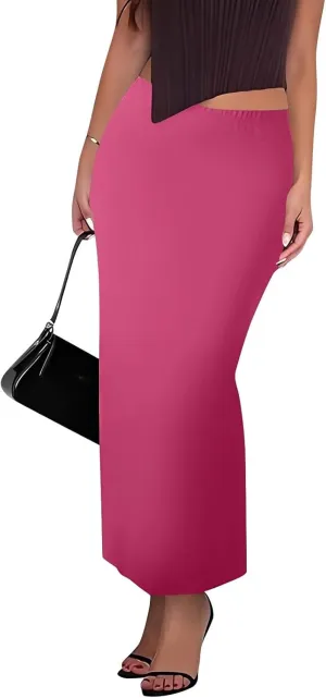 Women's Long Maxi Skirt Solid Long Length Satin High Waist Elastic Skirts Basic Stretch Bodycon Pencil Skirt