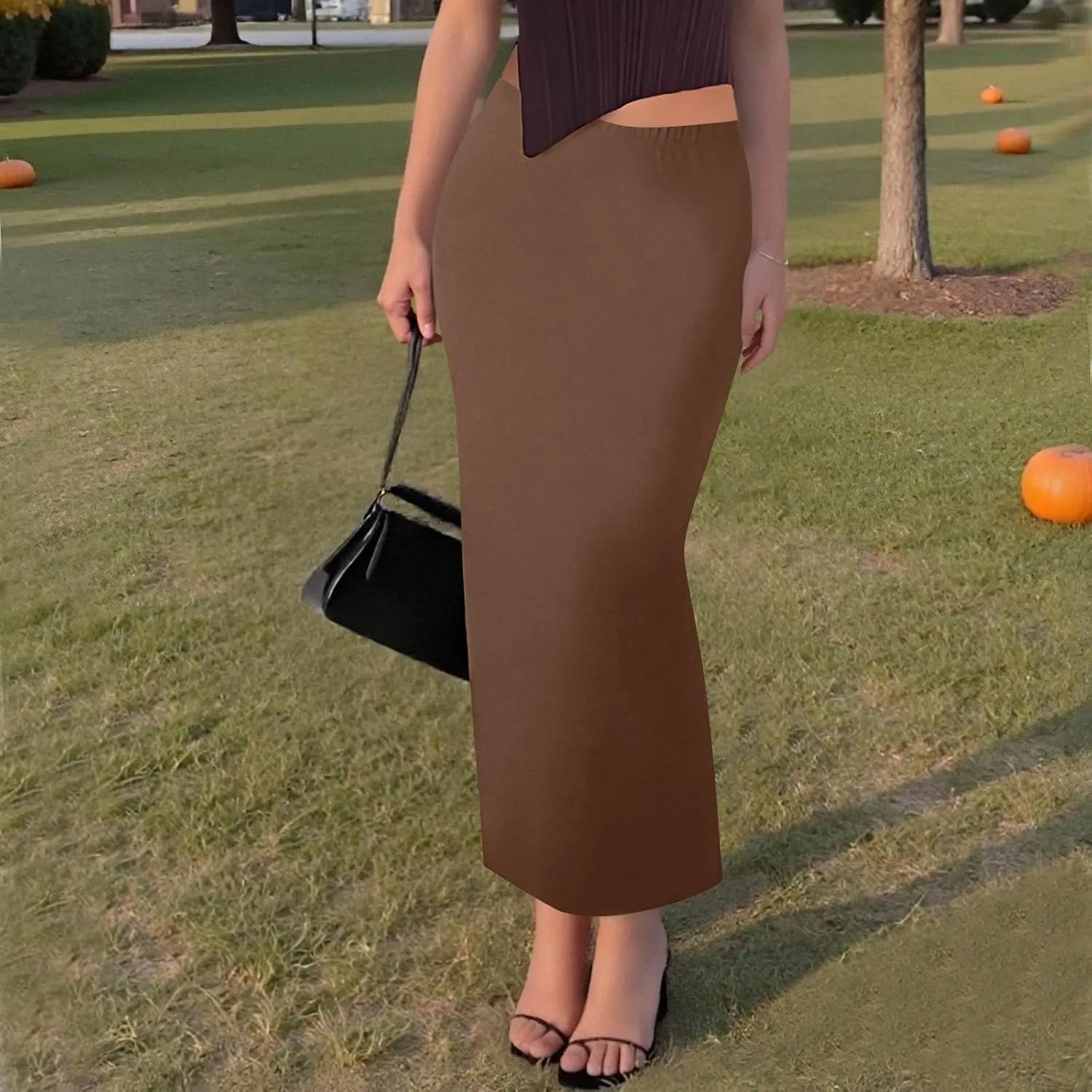 Women's Long Maxi Skirt Solid Long Length Satin High Waist Elastic Skirts Basic Stretch Bodycon Pencil Skirt