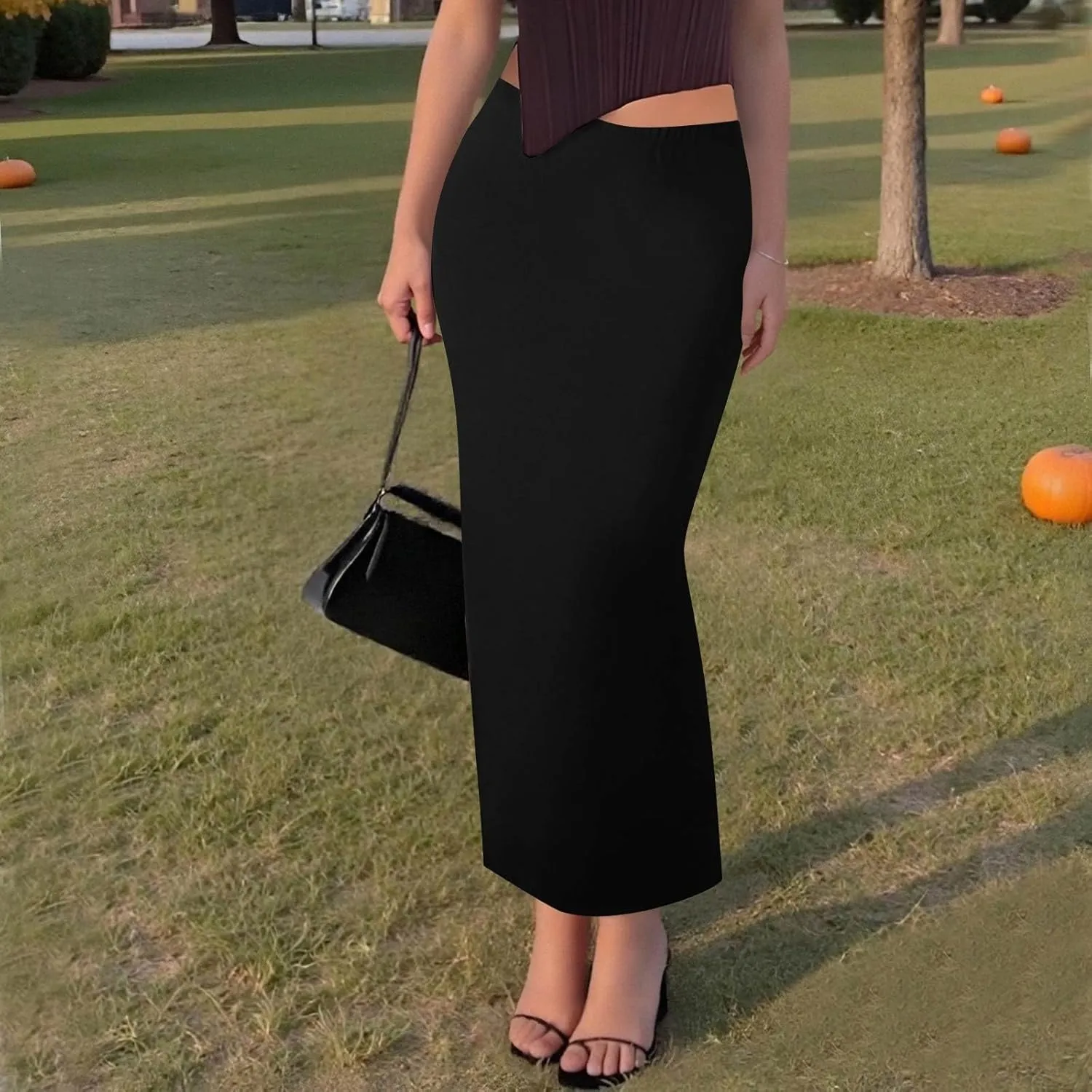Women's Long Maxi Skirt Solid Long Length Satin High Waist Elastic Skirts Basic Stretch Bodycon Pencil Skirt