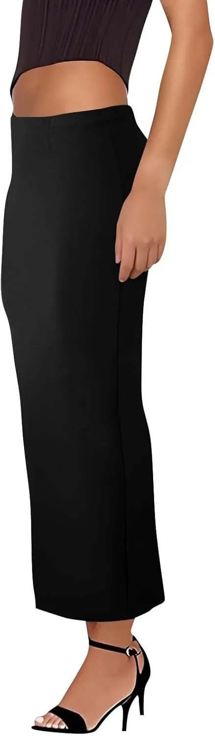 Women's Long Maxi Skirt Solid Long Length Satin High Waist Elastic Skirts Basic Stretch Bodycon Pencil Skirt