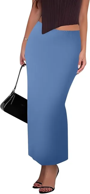 Women's Long Maxi Skirt Solid Long Length Satin High Waist Elastic Skirts Basic Stretch Bodycon Pencil Skirt
