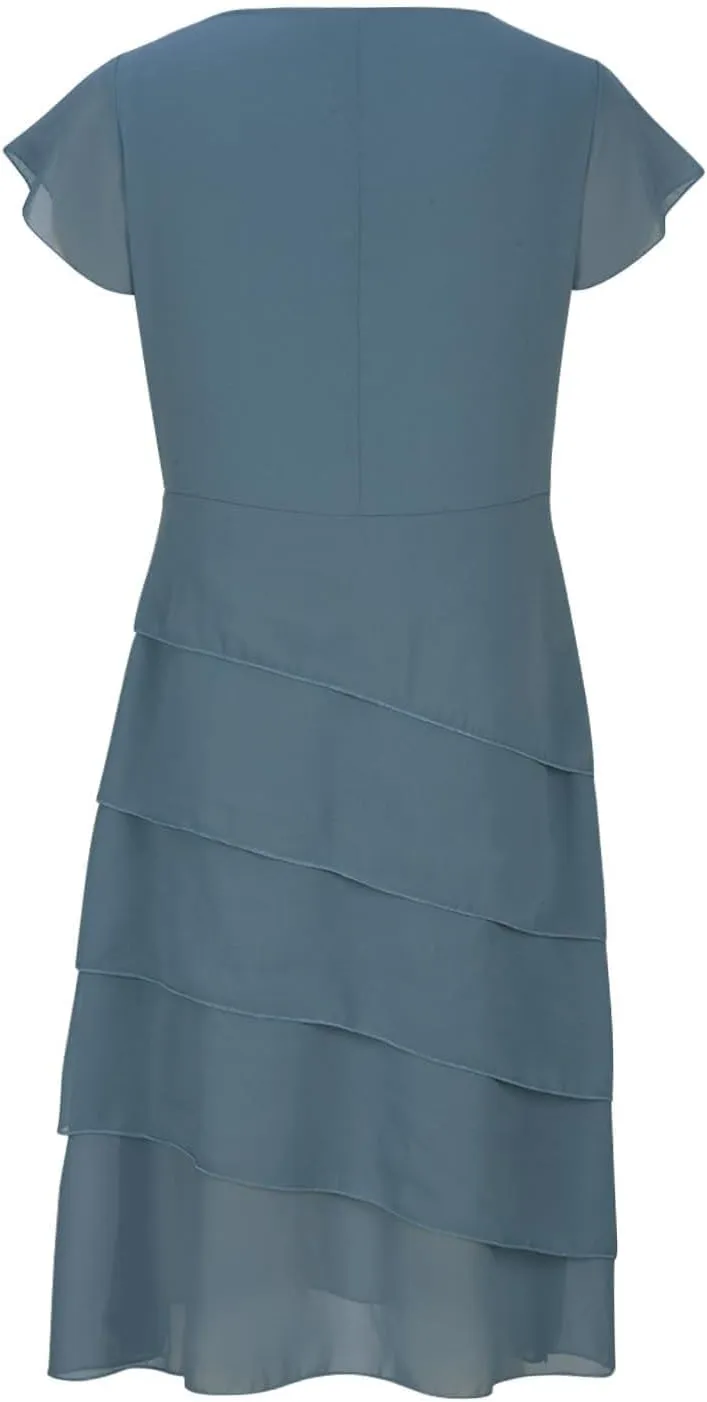 Women's Long Mother of The Bride Dresses for Wedding Chiffon Short Sleeve Crew Neck Tiered Formal Evening Dress 2025