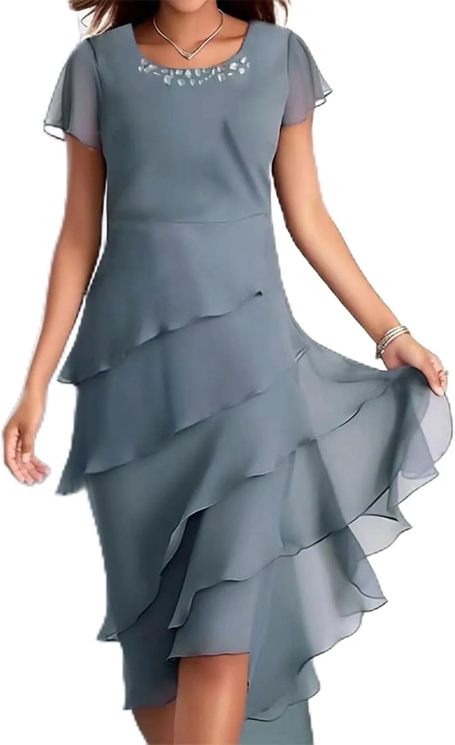 Women's Long Mother of The Bride Dresses for Wedding Chiffon Short Sleeve Crew Neck Tiered Formal Evening Dress 2025