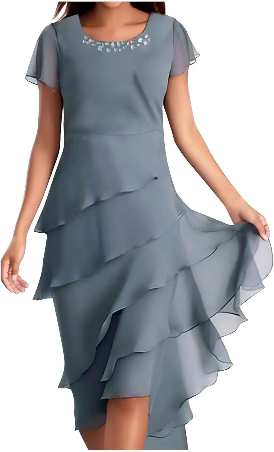 Women's Long Mother of The Bride Dresses for Wedding Chiffon Short Sleeve Crew Neck Tiered Formal Evening Dress 2025