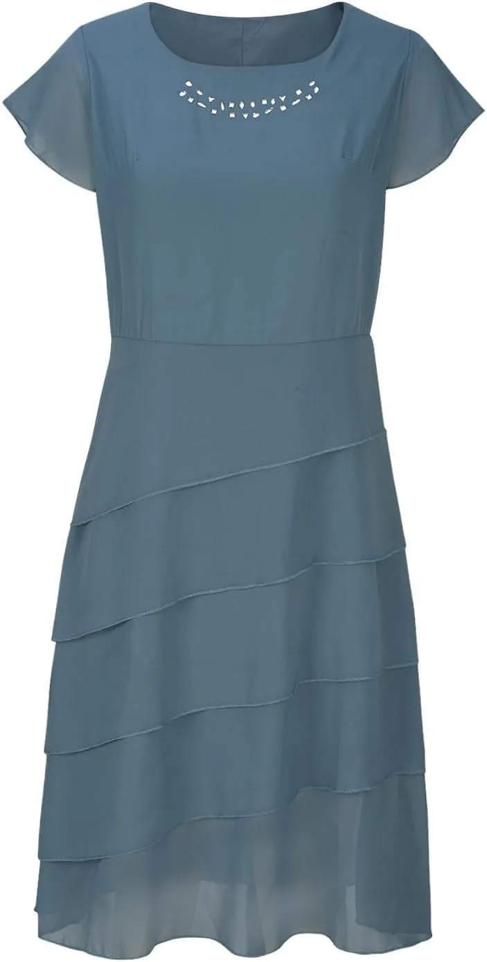 Women's Long Mother of The Bride Dresses for Wedding Chiffon Short Sleeve Crew Neck Tiered Formal Evening Dress 2025