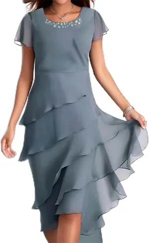 Women's Long Mother of The Bride Dresses for Wedding Chiffon Short Sleeve Crew Neck Tiered Formal Evening Dress 2025