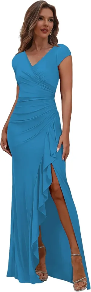 Women's Long Mother of The Bride Dresses for Wedding Pleated Chiffon Mermaid Formal Evening Dress with Sleeves