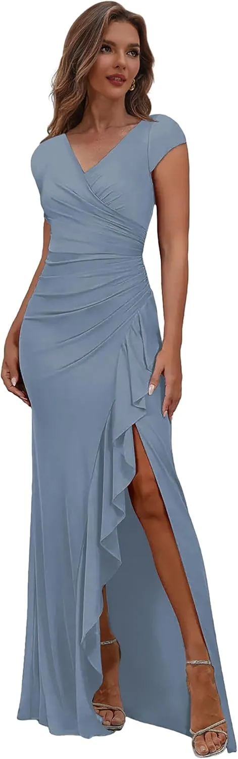 Women's Long Mother of The Bride Dresses for Wedding Pleated Chiffon Mermaid Formal Evening Dress with Sleeves