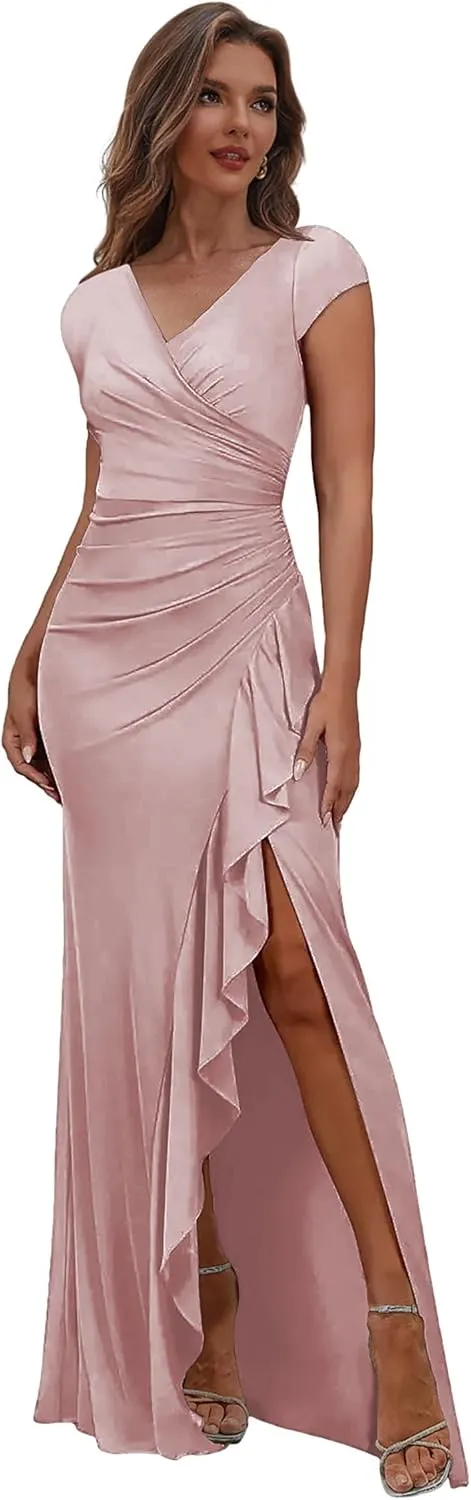 Women's Long Mother of The Bride Dresses for Wedding Pleated Chiffon Mermaid Formal Evening Dress with Sleeves