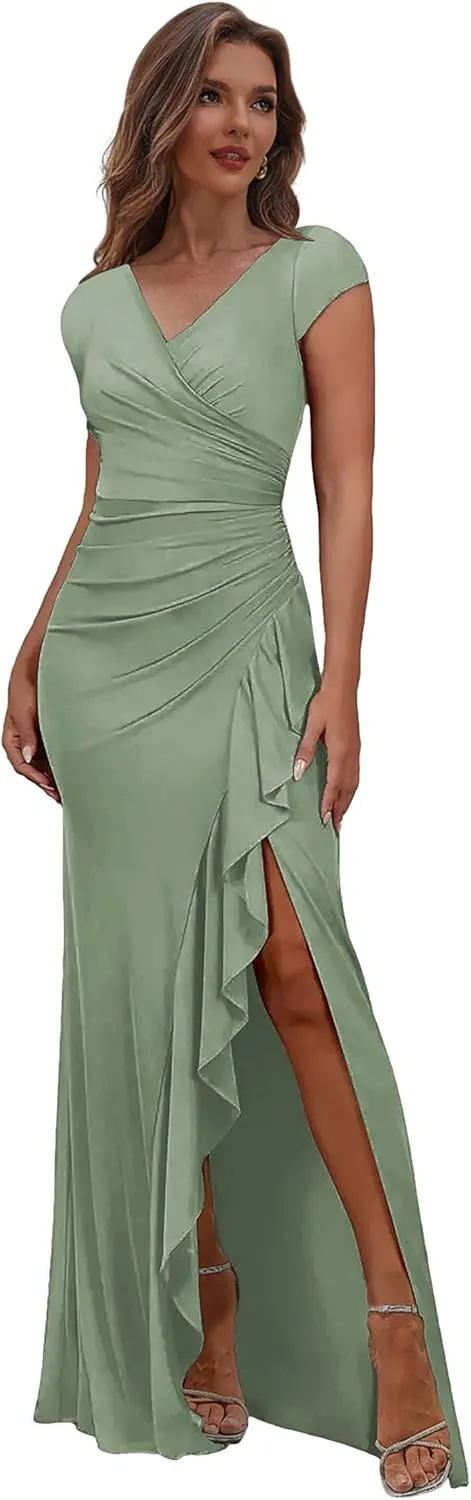 Women's Long Mother of The Bride Dresses for Wedding Pleated Chiffon Mermaid Formal Evening Dress with Sleeves