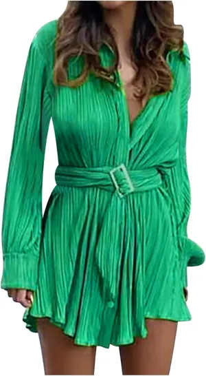 Womens Long Sleeve Dresses Plus Size Button Down Belted mini Dresses Lapel Casual Ruched Shirt Dresses Fall Fashion