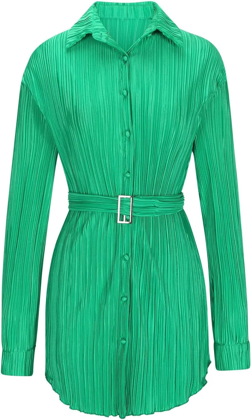 Womens Long Sleeve Dresses Plus Size Button Down Belted mini Dresses Lapel Casual Ruched Shirt Dresses Fall Fashion
