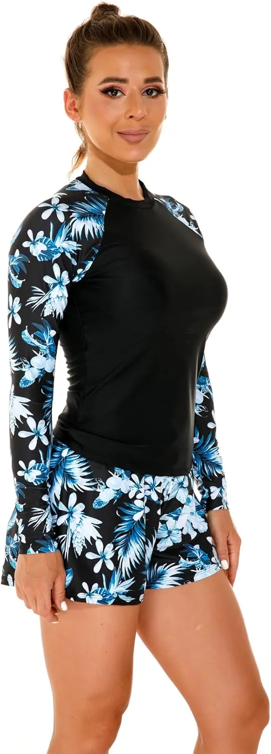 Women's Long Sleeves Rash Guard Athletic Swim Aztec Tankini Sets Swimsuit