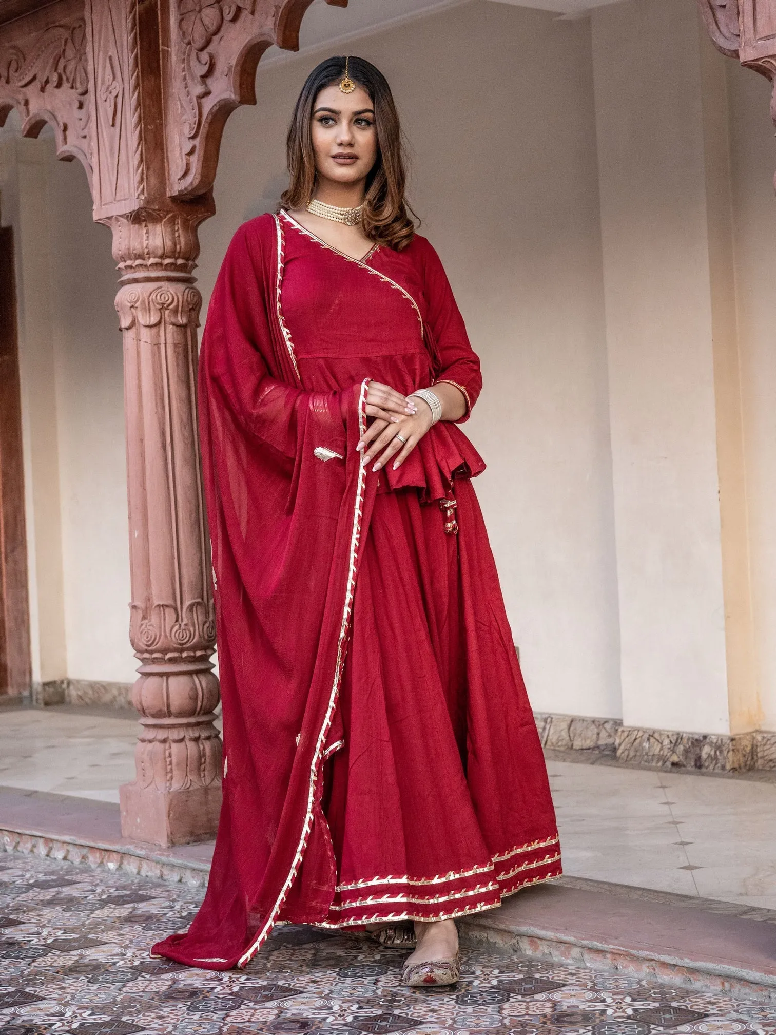 Women'S Maroon Gota Hand Work Lehenga Dupatta Set