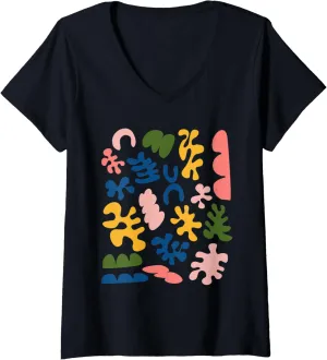 Womens Matisse Inspired Organic Shapes Floral Cut Out Art Graphic V-Neck T-Shirt