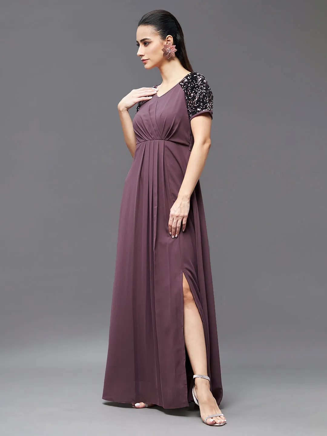Women's Mauve Relaxed Fit Maxi Georgette Dress