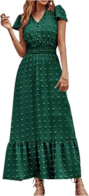 Womens Maxi A Line Dresses 2025 Short Sleeve V Neck Boho Dress High Waisted Swiss Dot Ruffle Tiered Long Dress