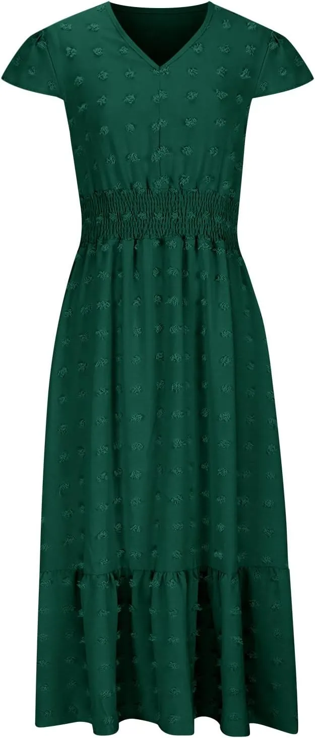 Womens Maxi A Line Dresses 2025 Short Sleeve V Neck Boho Dress High Waisted Swiss Dot Ruffle Tiered Long Dress