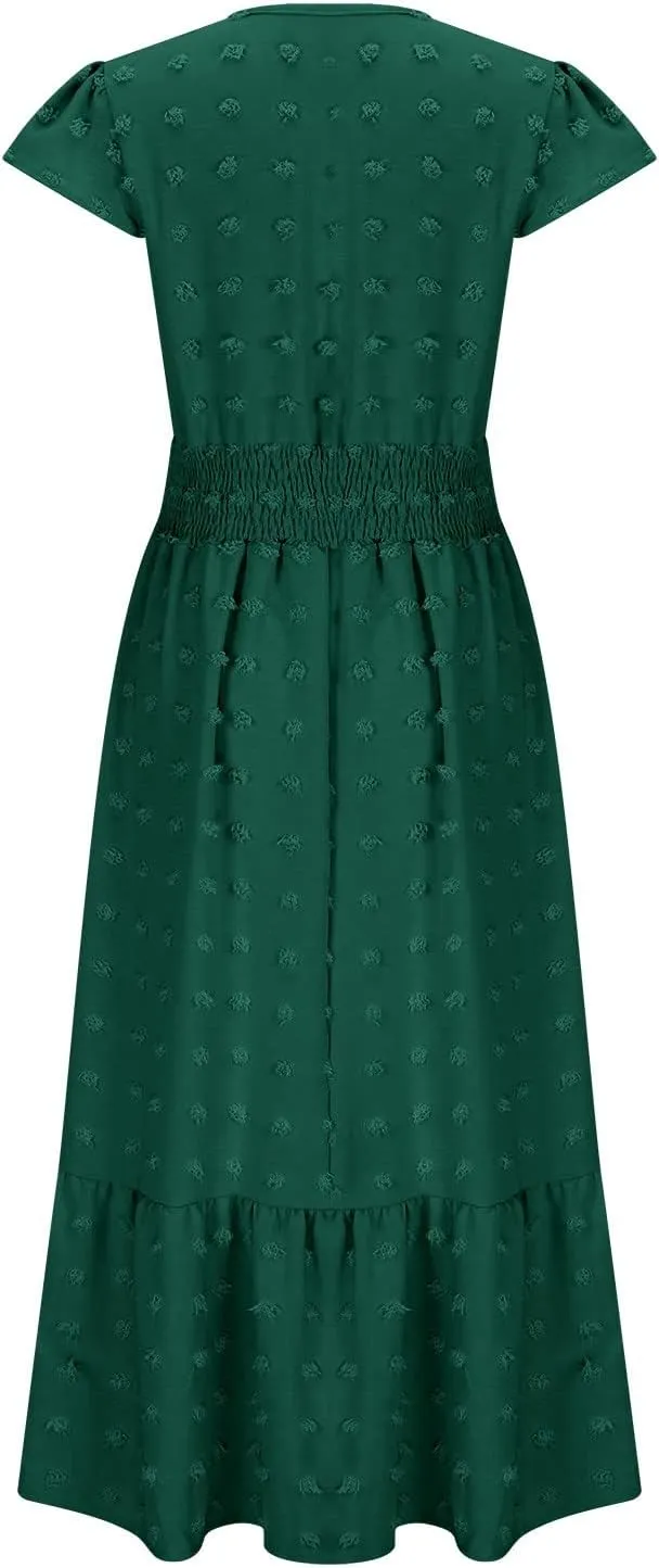 Womens Maxi A Line Dresses 2025 Short Sleeve V Neck Boho Dress High Waisted Swiss Dot Ruffle Tiered Long Dress