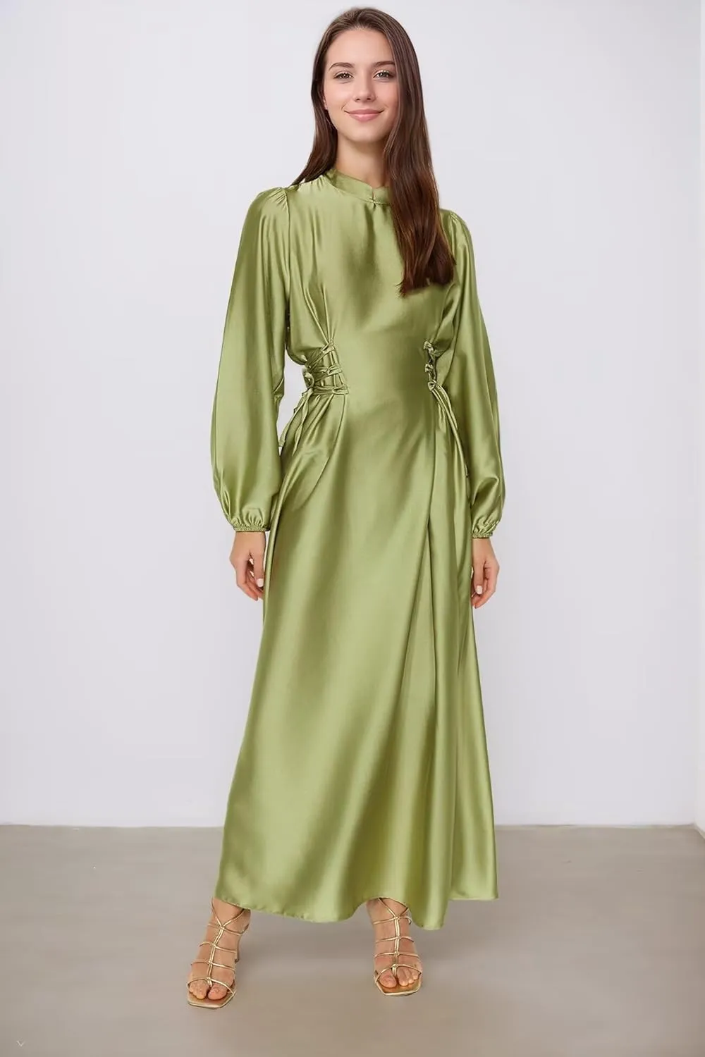 Women's Maxi Satin Bridesmaid Dresses 2025 Long Sleeves A-Line Prom Dresss for Wedding Party Tie Formal Gowns DR0726