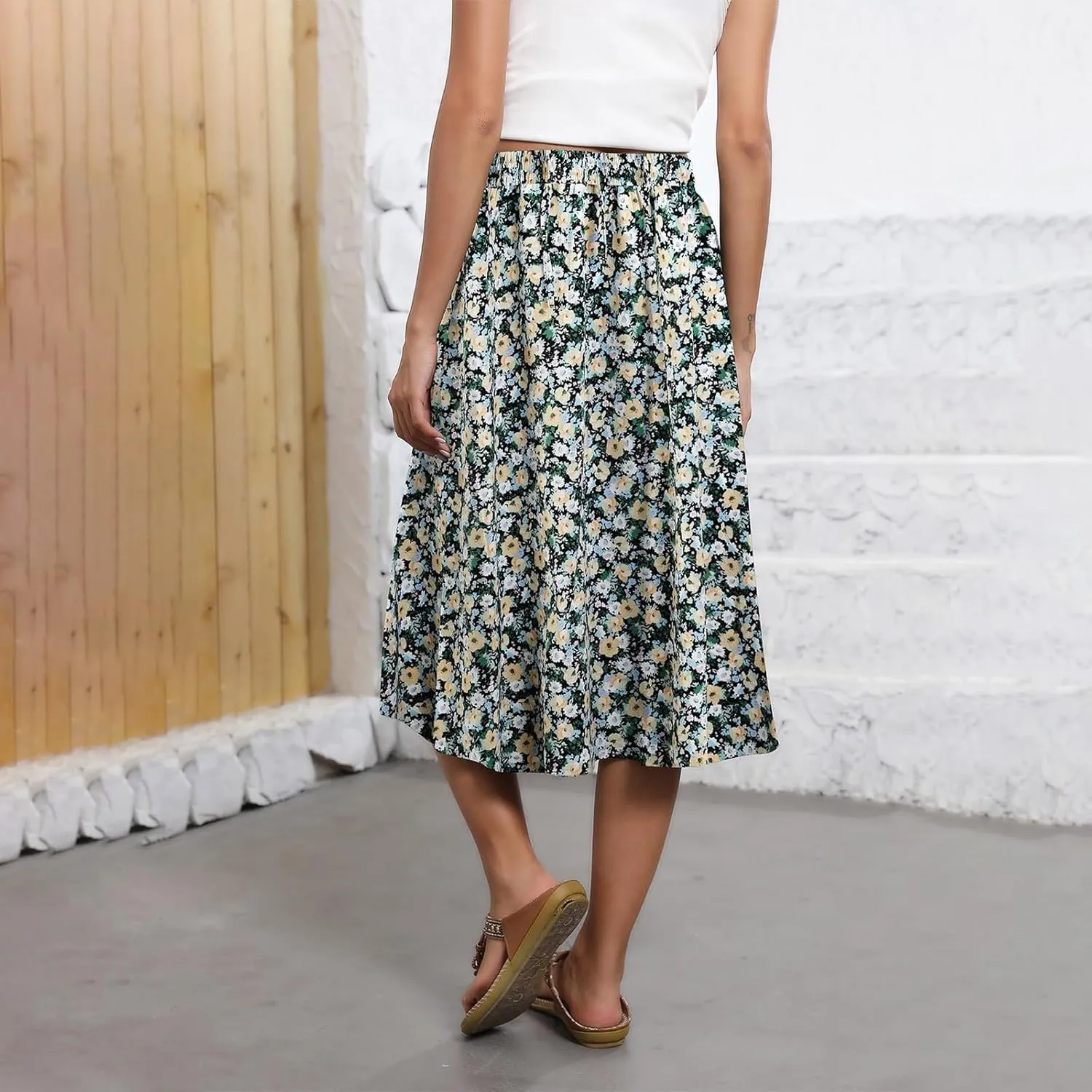 Women's Midi Skirt Summer Drawstring High Waisted Knee Length Skirts Pleated A-Line Cute Tropical Skirt with Pockets