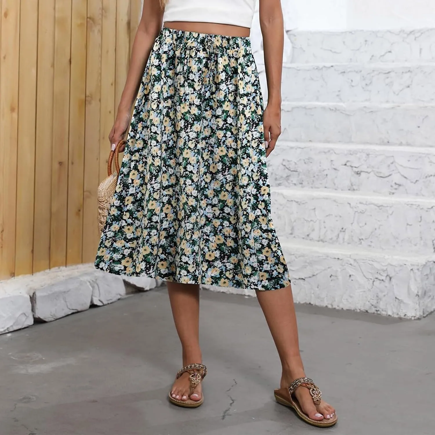 Women's Midi Skirt Summer Drawstring High Waisted Knee Length Skirts Pleated A-Line Cute Tropical Skirt with Pockets
