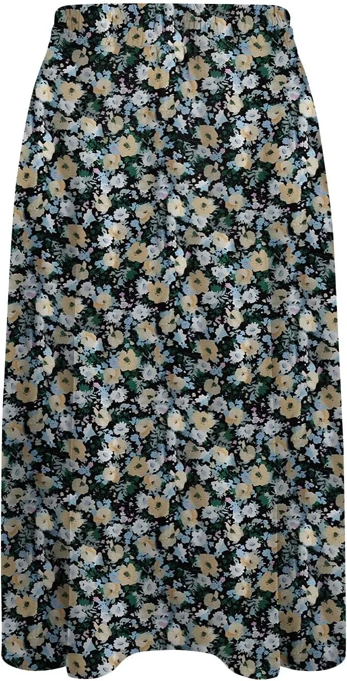 Women's Midi Skirt Summer Drawstring High Waisted Knee Length Skirts Pleated A-Line Cute Tropical Skirt with Pockets