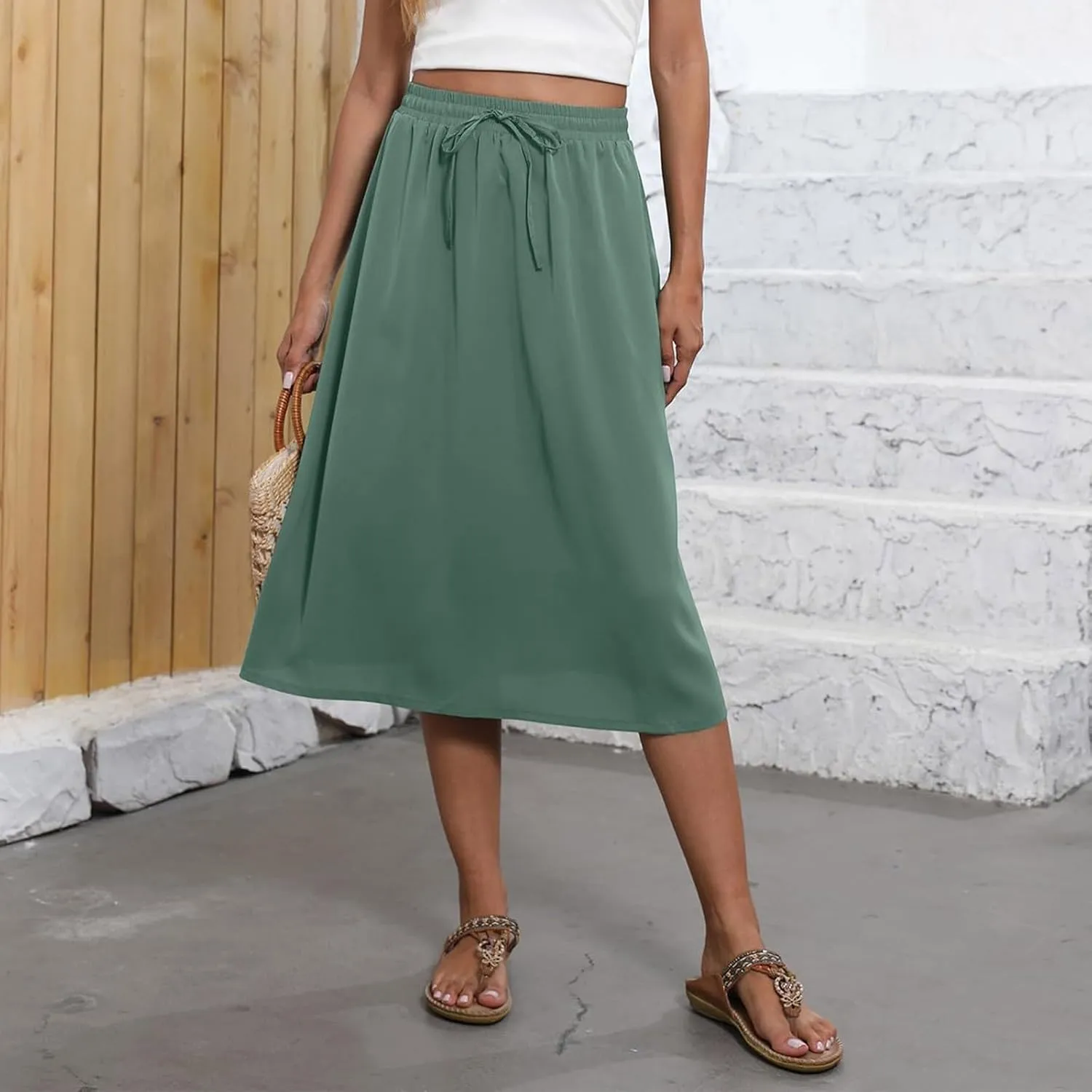 Women's Midi Skirt Summer Drawstring High Waisted Knee Length Skirts Pleated A-Line Cute Tropical Skirt with Pockets