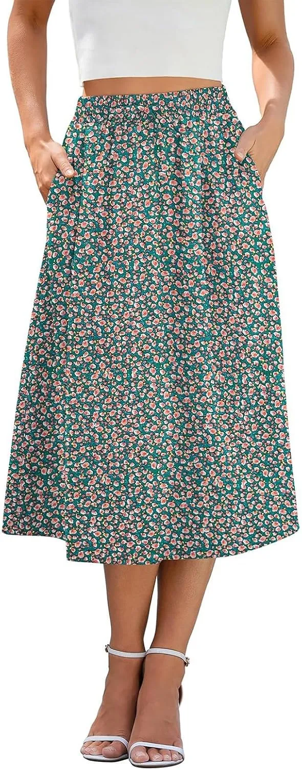 Women's Midi Skirt Summer Drawstring High Waisted Knee Length Skirts Pleated A-Line Cute Tropical Skirt with Pockets