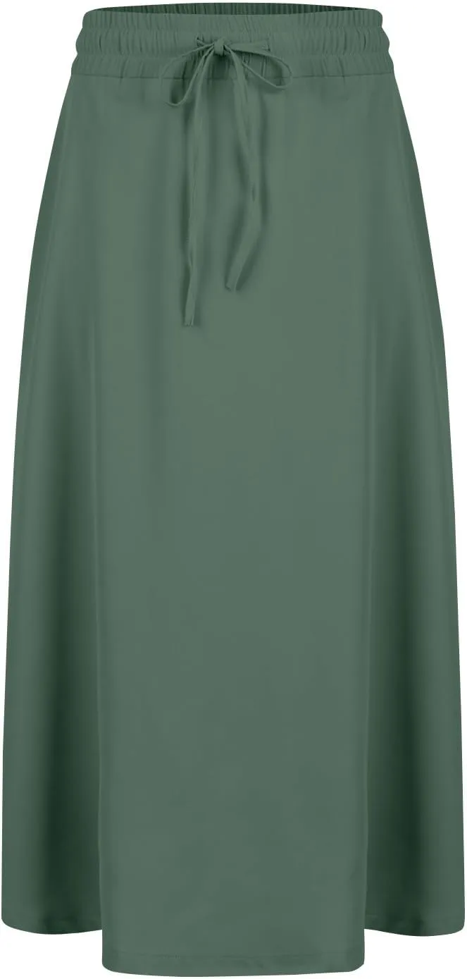 Women's Midi Skirt Summer Drawstring High Waisted Knee Length Skirts Pleated A-Line Cute Tropical Skirt with Pockets