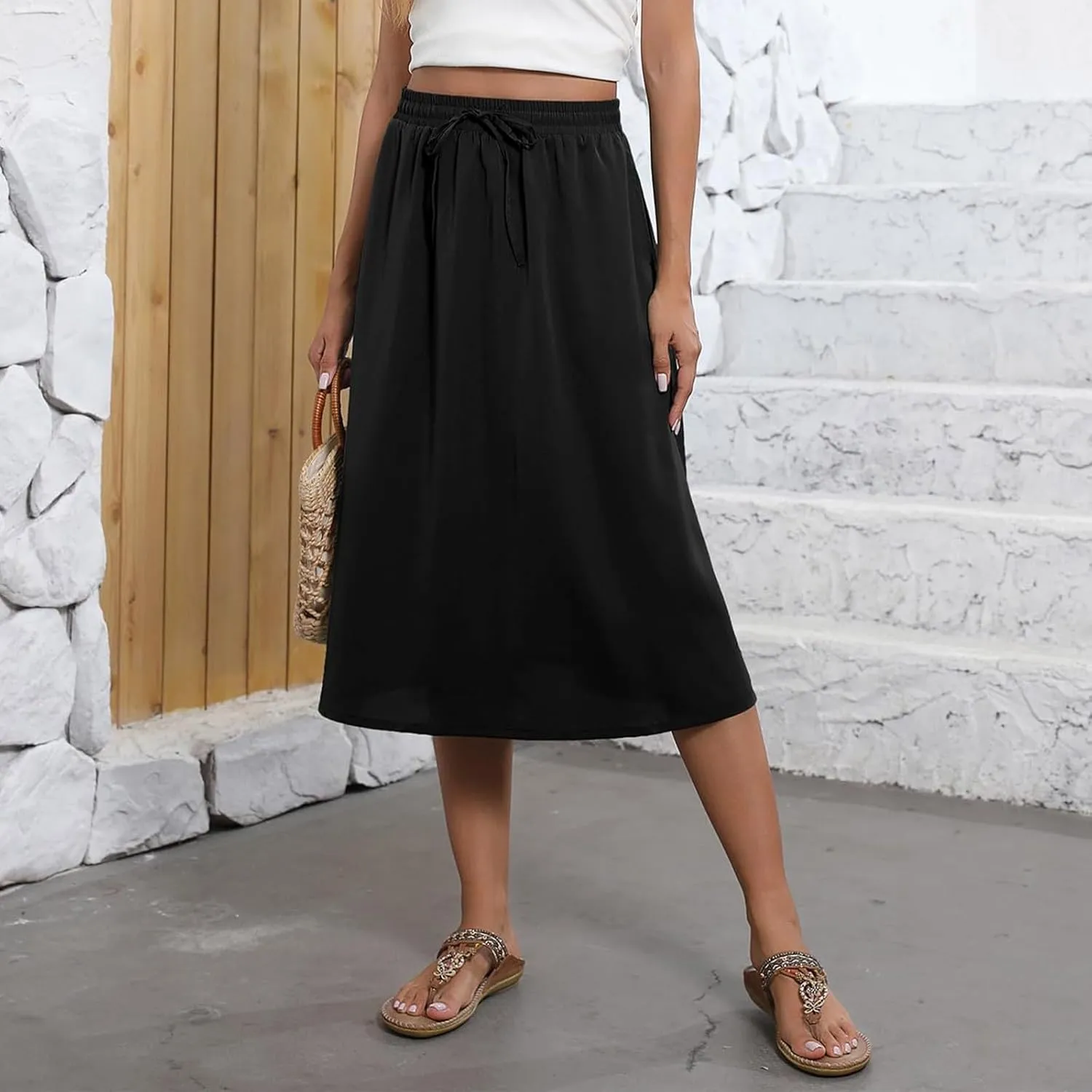 Women's Midi Skirt Summer Drawstring High Waisted Knee Length Skirts Pleated A-Line Cute Tropical Skirt with Pockets