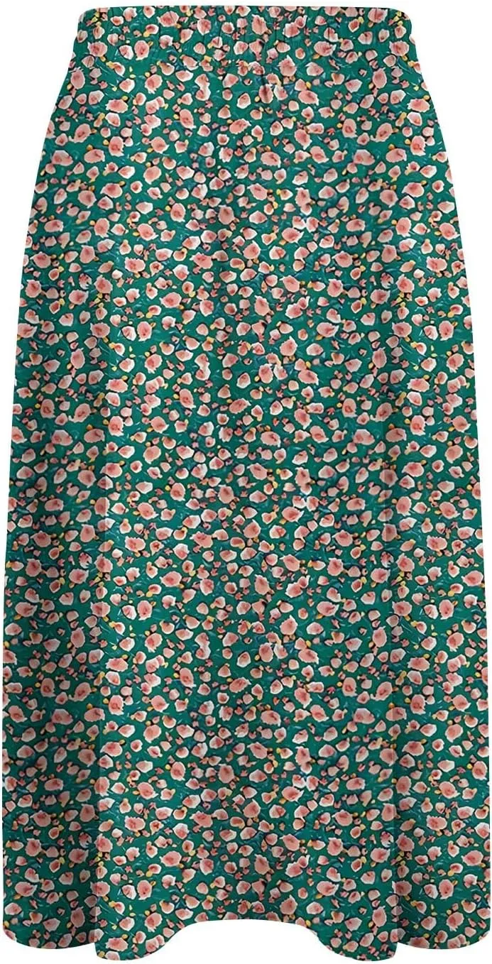 Women's Midi Skirt Summer Drawstring High Waisted Knee Length Skirts Pleated A-Line Cute Tropical Skirt with Pockets