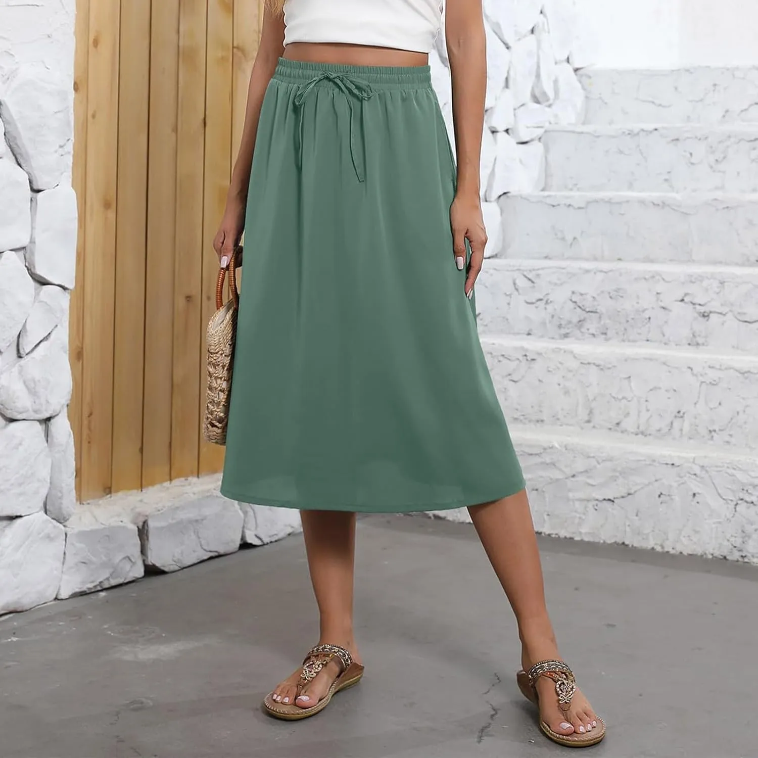 Women's Midi Skirt Summer Drawstring High Waisted Knee Length Skirts Pleated A-Line Cute Tropical Skirt with Pockets