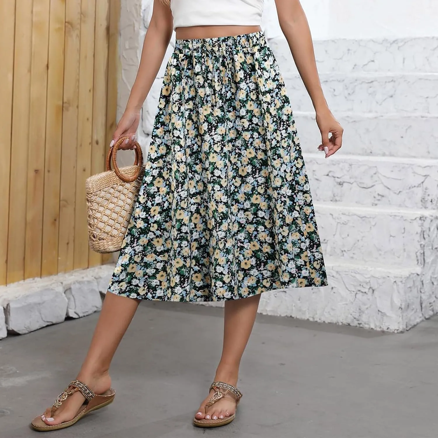 Women's Midi Skirt Summer Drawstring High Waisted Knee Length Skirts Pleated A-Line Cute Tropical Skirt with Pockets