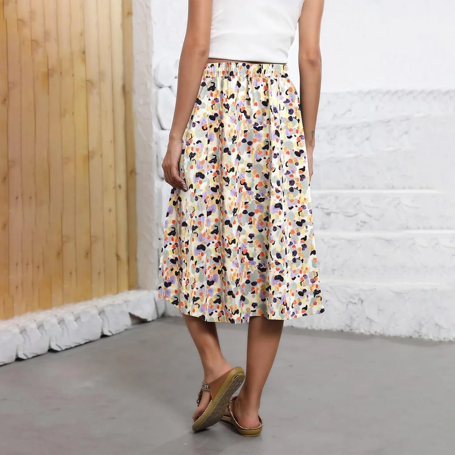 Women's Midi Skirt Summer Drawstring High Waisted Knee Length Skirts Pleated A-Line Cute Tropical Skirt with Pockets