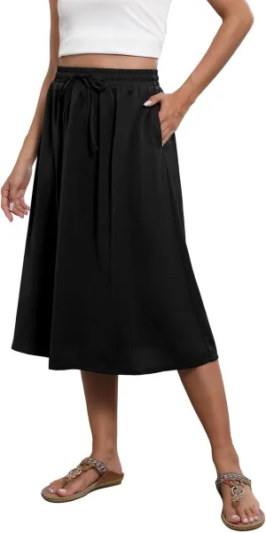 Women's Midi Skirt Summer Drawstring High Waisted Knee Length Skirts Pleated A-Line Cute Tropical Skirt with Pockets