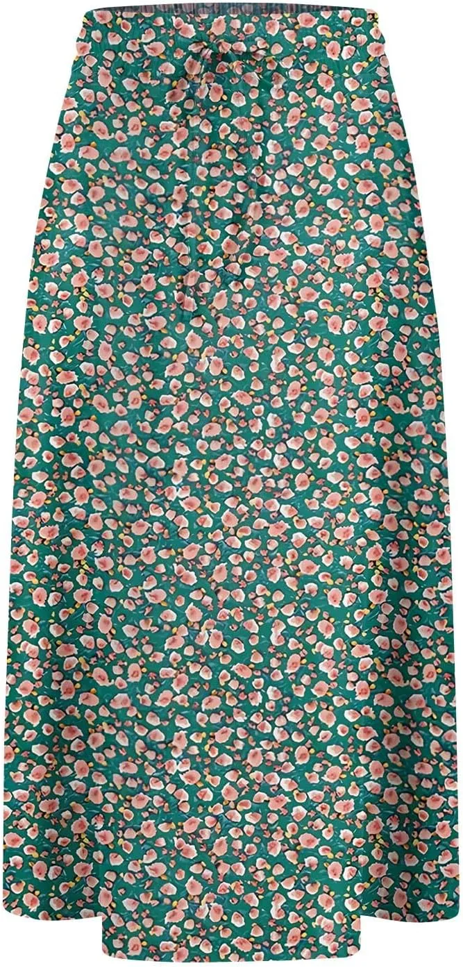 Women's Midi Skirt Summer Drawstring High Waisted Knee Length Skirts Pleated A-Line Cute Tropical Skirt with Pockets