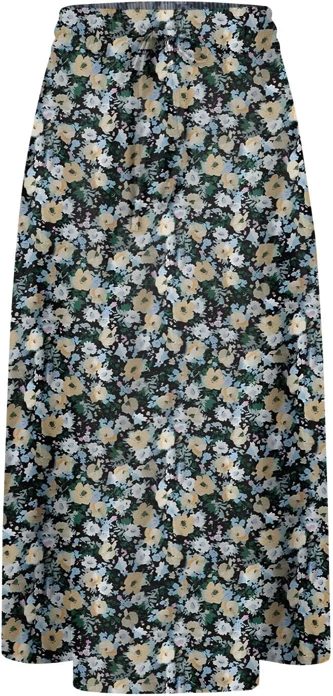 Women's Midi Skirt Summer Drawstring High Waisted Knee Length Skirts Pleated A-Line Cute Tropical Skirt with Pockets