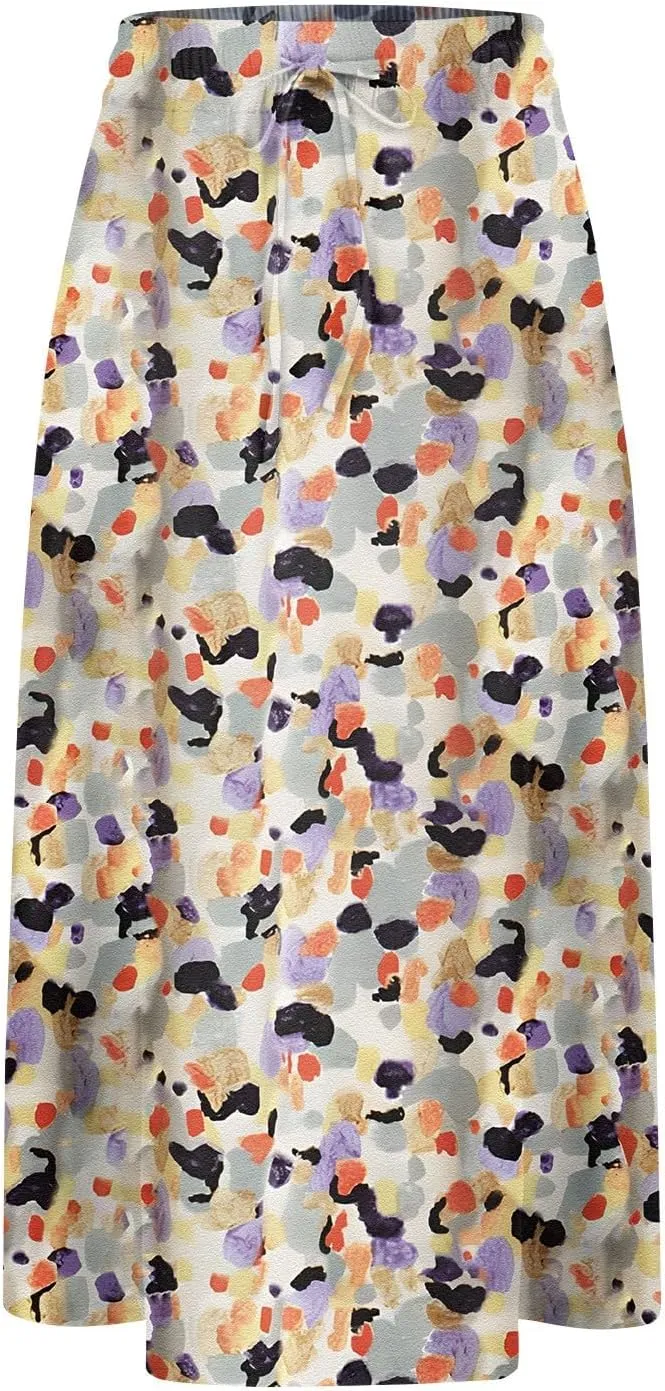 Women's Midi Skirt Summer Drawstring High Waisted Knee Length Skirts Pleated A-Line Cute Tropical Skirt with Pockets