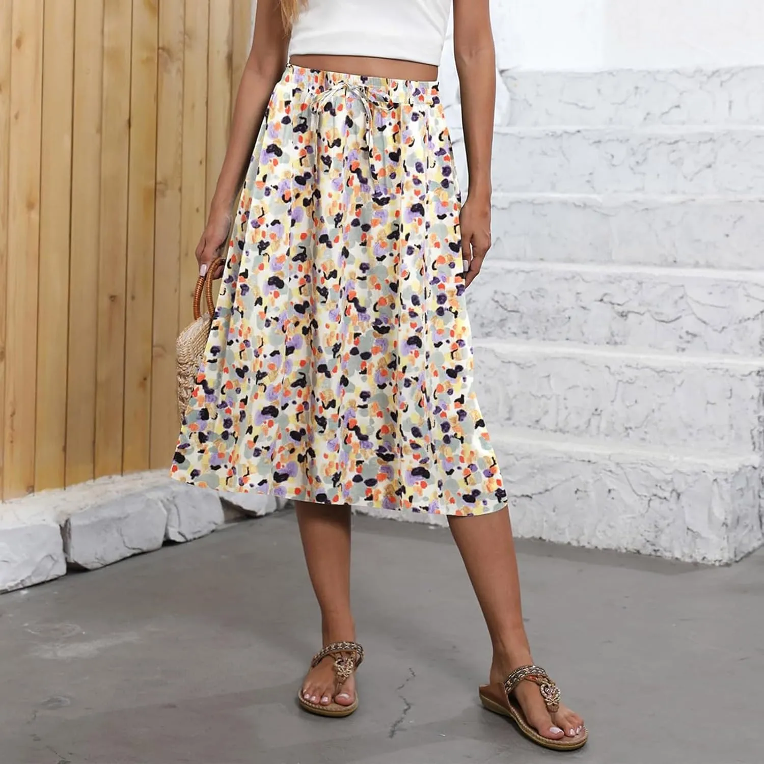 Women's Midi Skirt Summer Drawstring High Waisted Knee Length Skirts Pleated A-Line Cute Tropical Skirt with Pockets