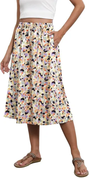 Women's Midi Skirt Summer Drawstring High Waisted Knee Length Skirts Pleated A-Line Cute Tropical Skirt with Pockets