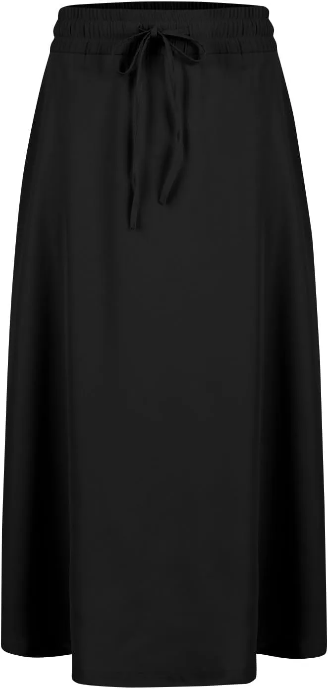 Women's Midi Skirt Summer Drawstring High Waisted Knee Length Skirts Pleated A-Line Cute Tropical Skirt with Pockets