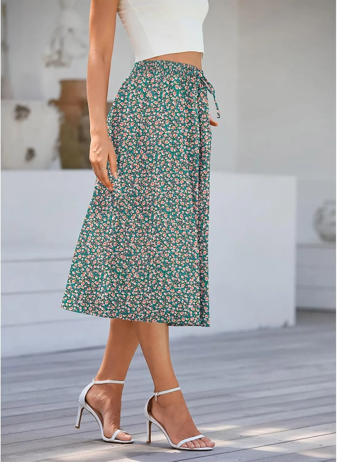 Women's Midi Skirt Summer Drawstring High Waisted Knee Length Skirts Pleated A-Line Cute Tropical Skirt with Pockets