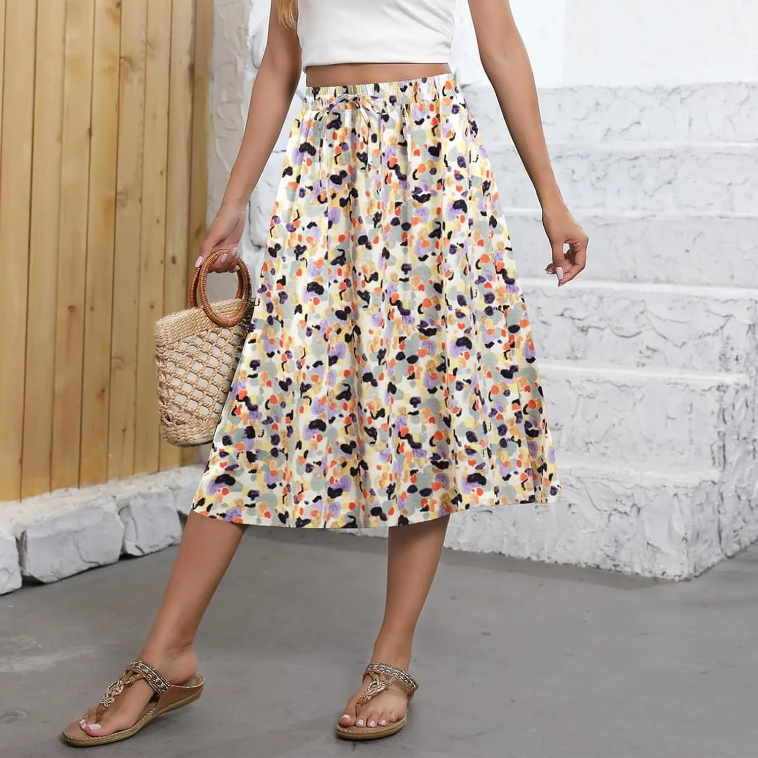 Women's Midi Skirt Summer Drawstring High Waisted Knee Length Skirts Pleated A-Line Cute Tropical Skirt with Pockets