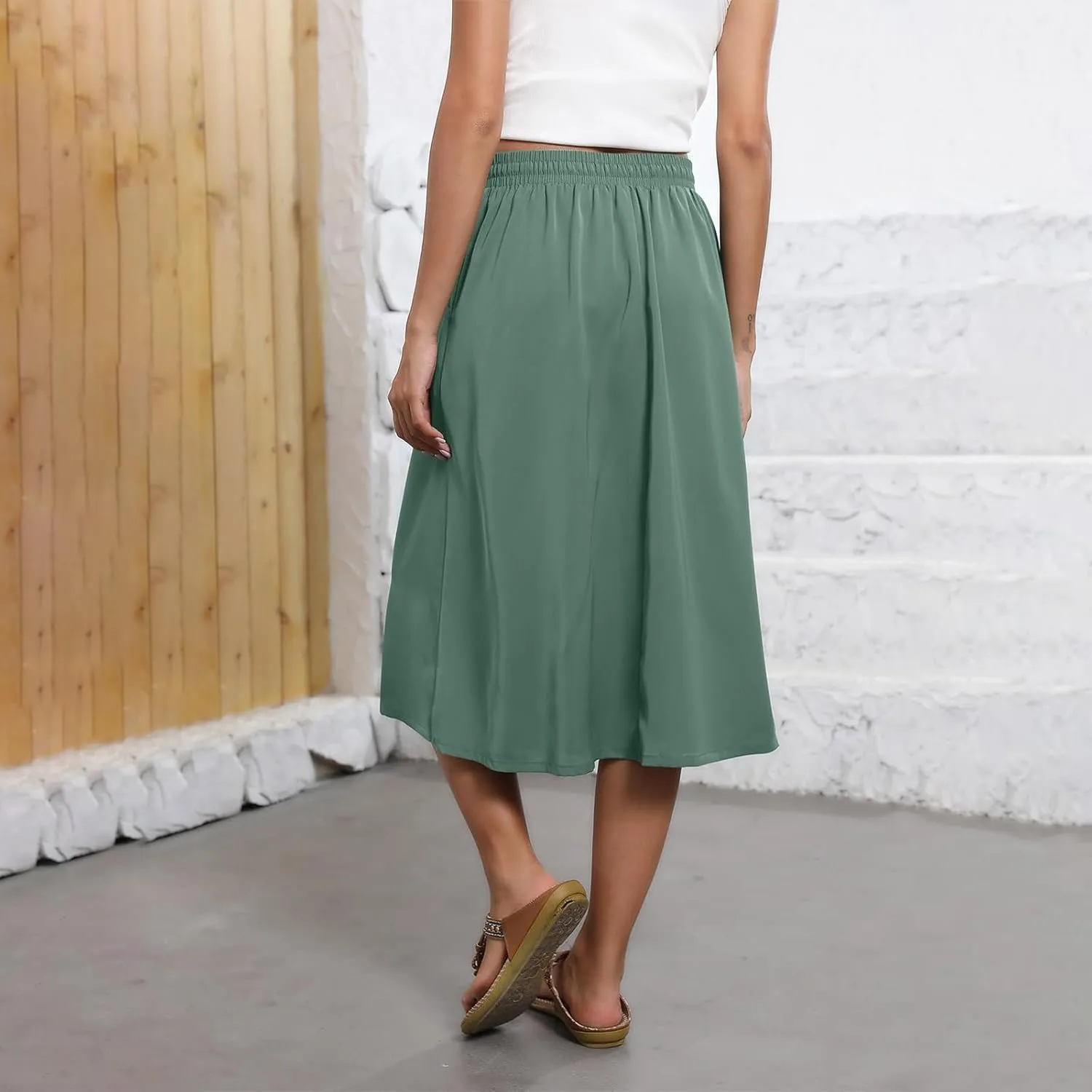 Women's Midi Skirt Summer Drawstring High Waisted Knee Length Skirts Pleated A-Line Cute Tropical Skirt with Pockets