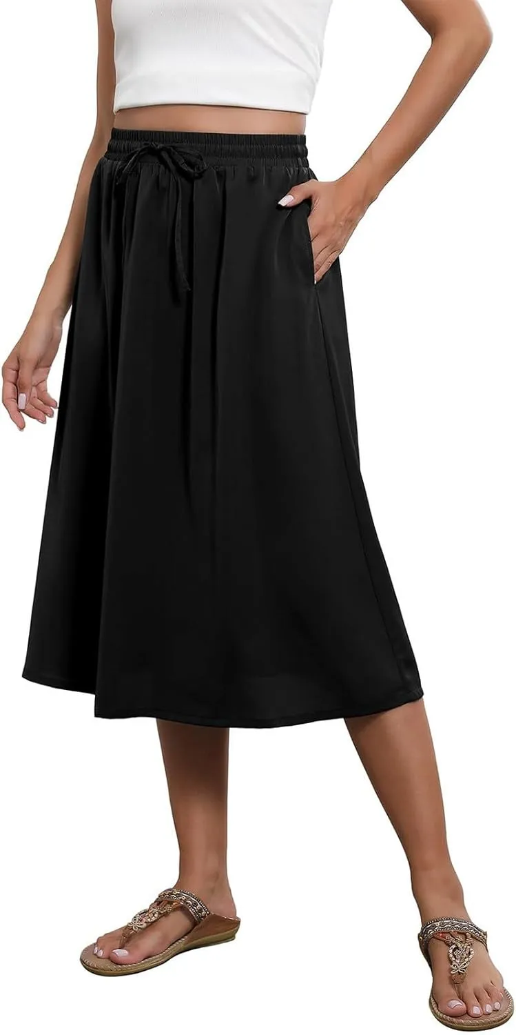 Women's Midi Skirt Summer Drawstring High Waisted Knee Length Skirts Pleated A-Line Cute Tropical Skirt with Pockets