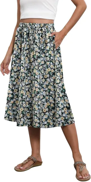 Women's Midi Skirt Summer Drawstring High Waisted Knee Length Skirts Pleated A-Line Cute Tropical Skirt with Pockets
