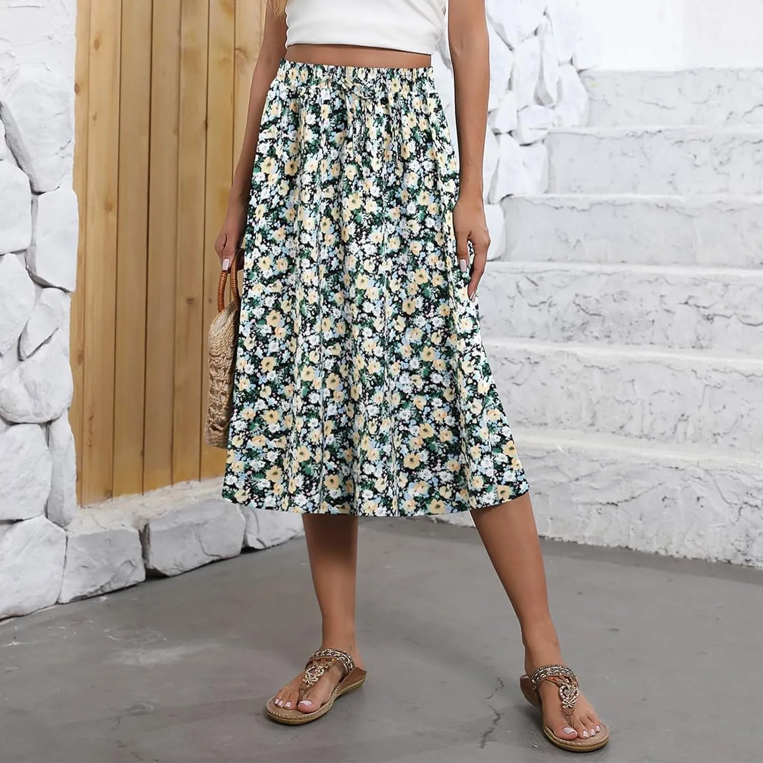 Women's Midi Skirt Summer Drawstring High Waisted Knee Length Skirts Pleated A-Line Cute Tropical Skirt with Pockets