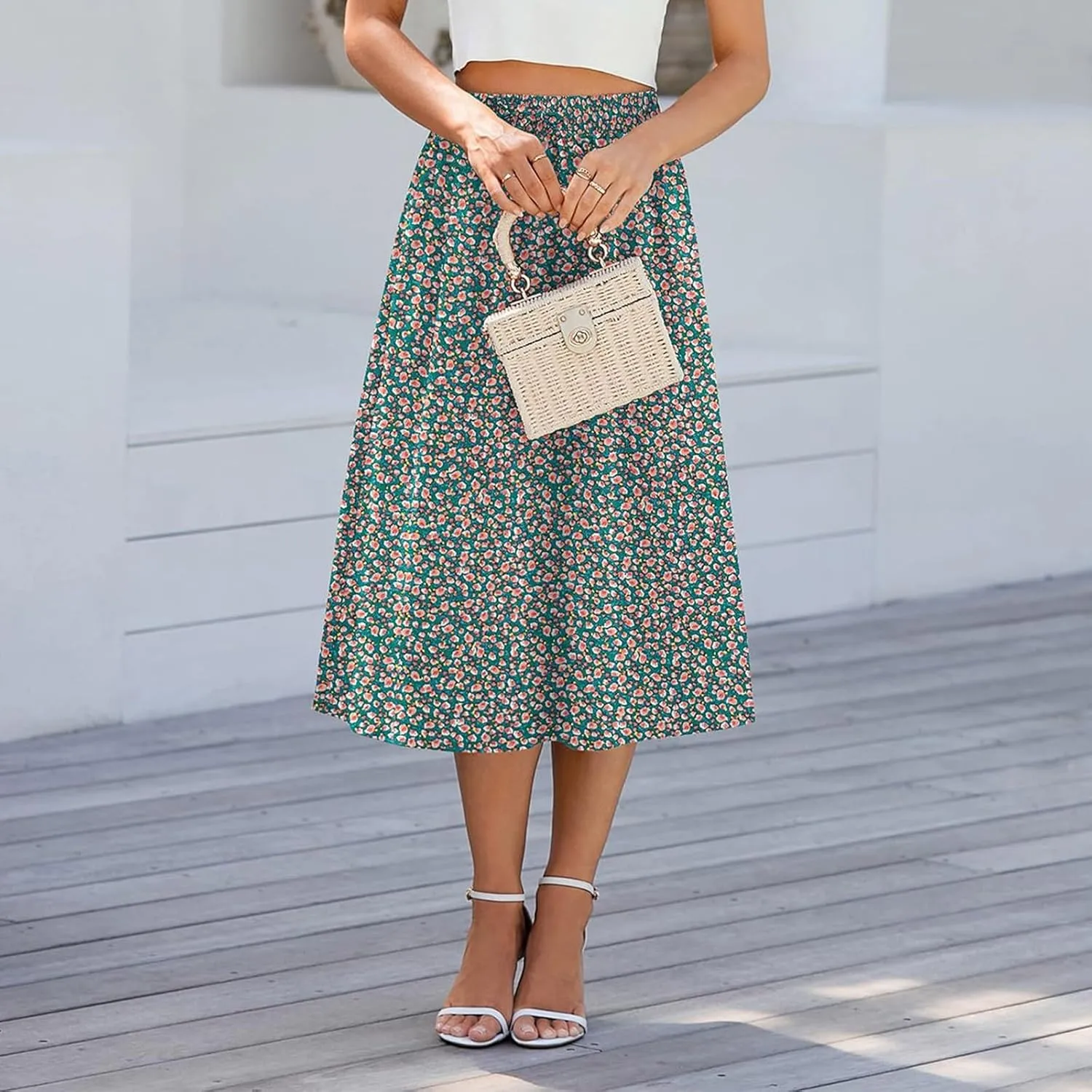 Women's Midi Skirt Summer Drawstring High Waisted Knee Length Skirts Pleated A-Line Cute Tropical Skirt with Pockets