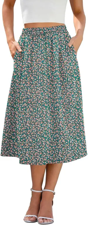 Women's Midi Skirt Summer Drawstring High Waisted Knee Length Skirts Pleated A-Line Cute Tropical Skirt with Pockets